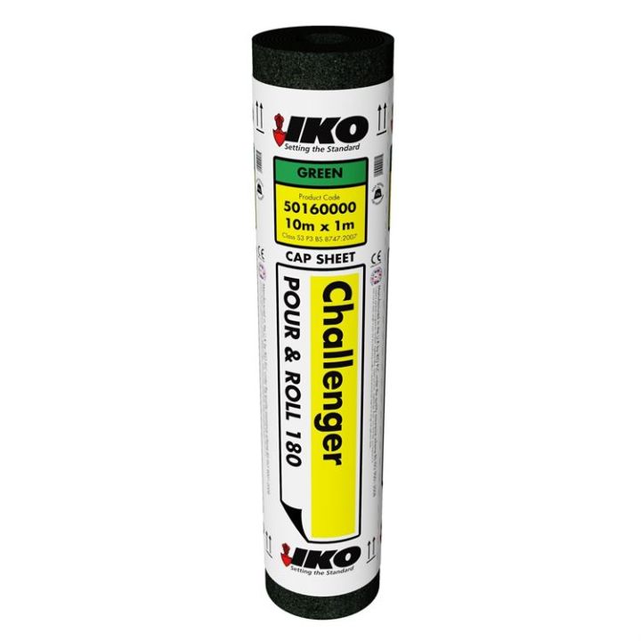 IKO Challenger 180g/m2 Bitumen Roofing Membrane - Green - 1m x 10m (Pallet of 25) IKO Challenger 180g/m2 Bitumen Roofing Membrane - Green - 1m x 10m (Pallet of 25)